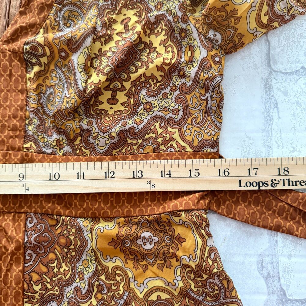 NY&Co Brown Damask Belted Dress Retro Style 3/4 Sleeves V-Neck Chic Sz S - Picture 9 of 12